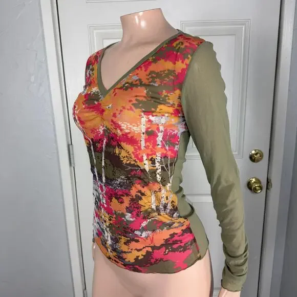 Vintage y2K DKNY Women's Shirt Small Long sleeve Floral Printed V neck Sheer QQ2 - Picture 2 of 5